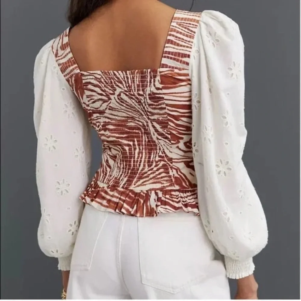 NWT Anthropologie Love The Label Smocked Eyelet Puff Sleeve Blouse Top Size XSP
